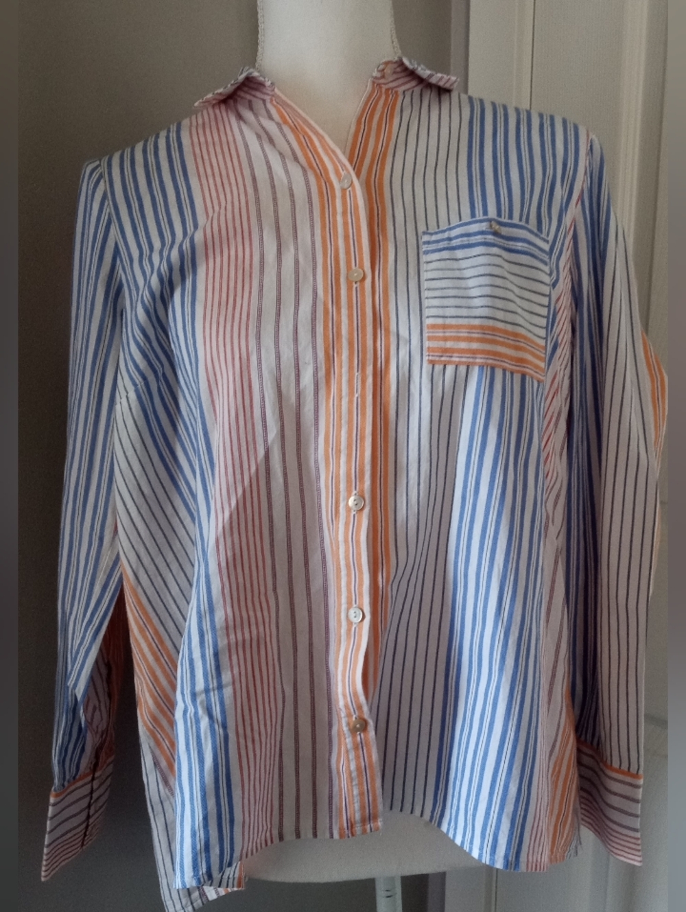 Striped Multi-Color Long-Sleeve Men's Shirt - Blue/Orange/Red